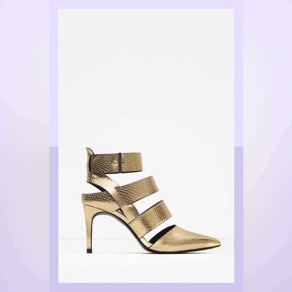 Zara  Gold High Heel Court Shoe With Straps - Size 38 -NWT